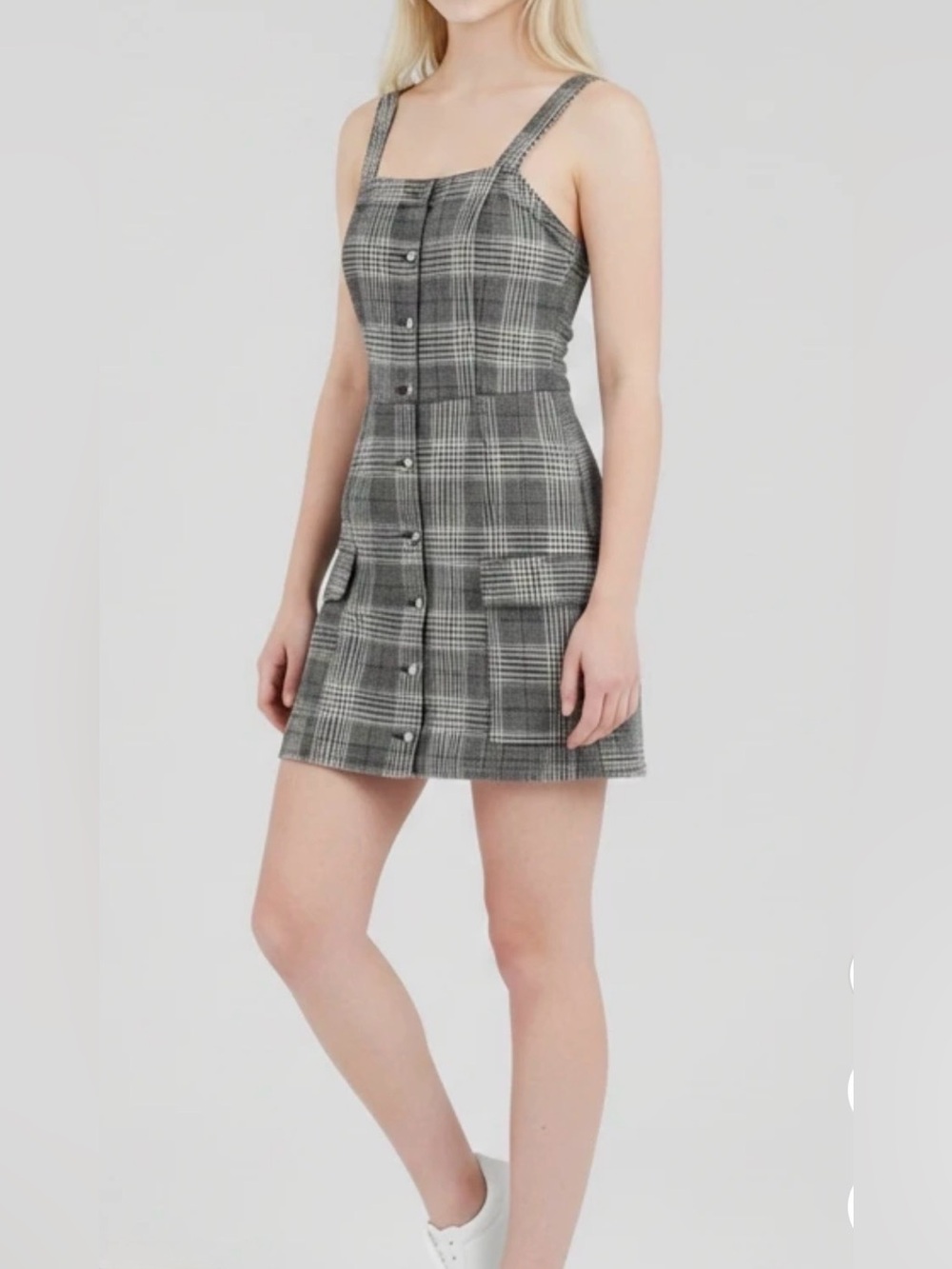 Tinseltown Womens Plaid Overalls Pinafore  Button-Front Mini Dress M